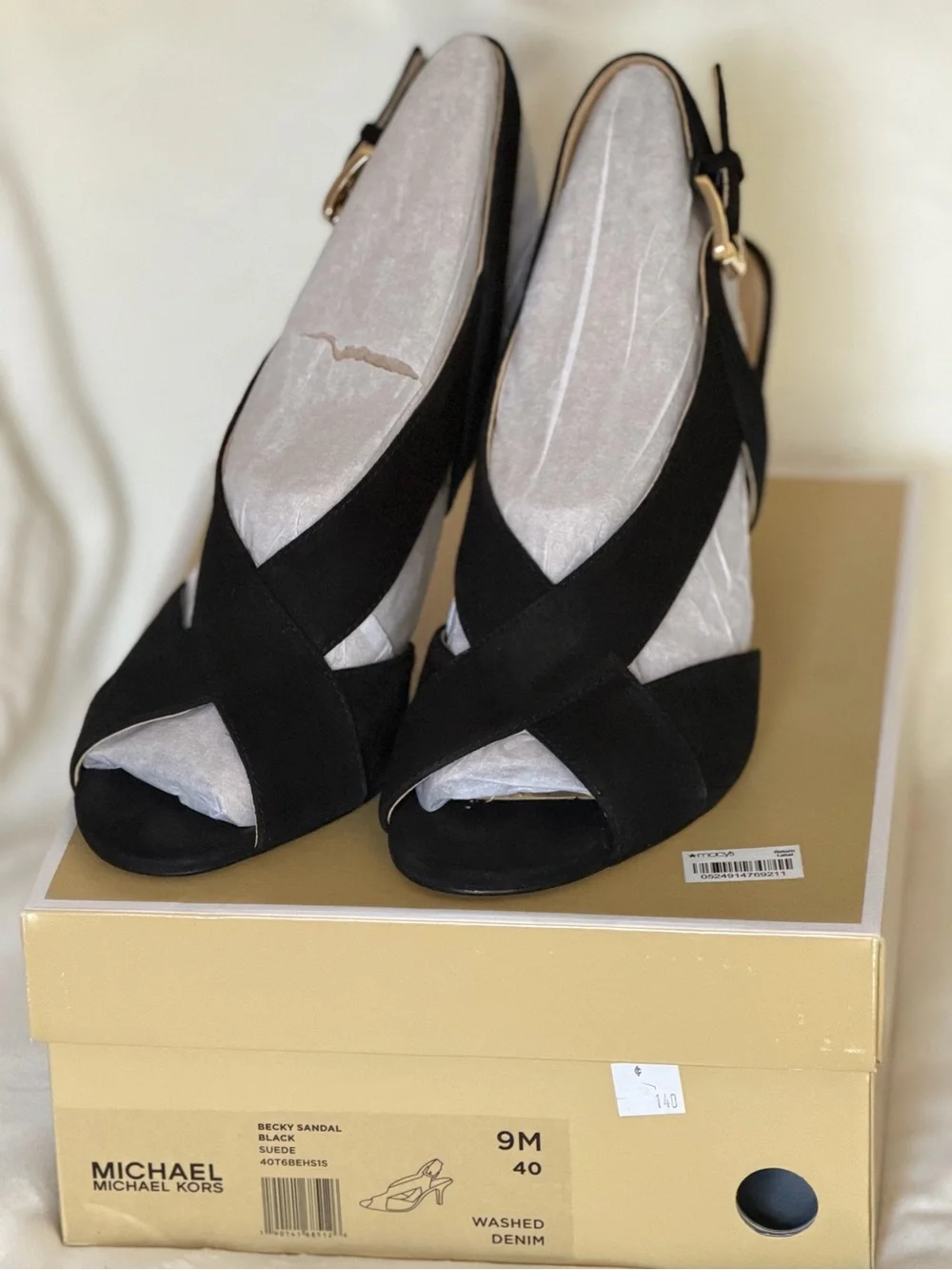 Michael Kors Black Suede Crisscross Slingback Heels with Gold Buckle